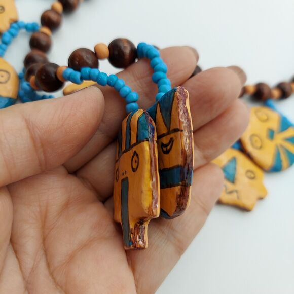 Vtg Hand Painted Wood Face Charm Necklace Southwest Tribal Mask Boho Bead Dangle - Picture 11 of 16